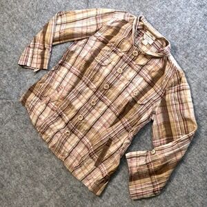 Christopher & Banks Womens Small Plaid Button‎ Down Shirt Bell Sleeve Neutral
